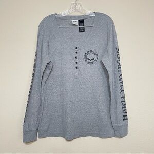 Harley Davidson Gray Henley Ribbed Long Sleeve Shirt Skull Gem Buttons Sz‎ 1W